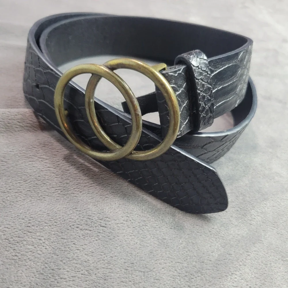 Black Snakeskin Embossed Belt Antique Brass Double O-Ring Buckle Faux Leather